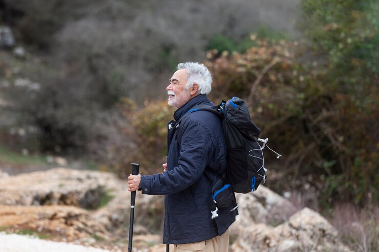 Active senior man enjoying hiking outdoors